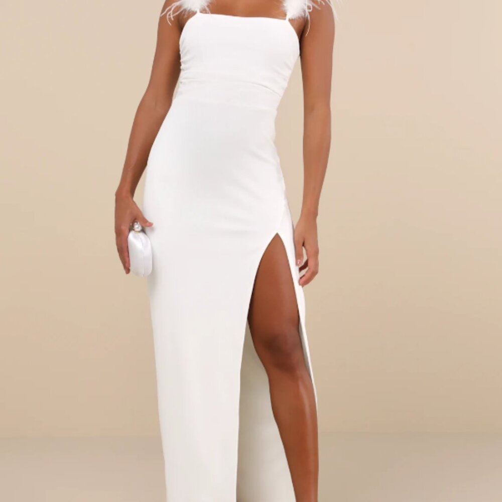 Lulus Dramatic Promise White Feather Strap Ruched Column Maxi Dress - Size XL